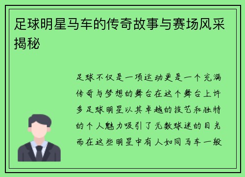 足球明星马车的传奇故事与赛场风采揭秘